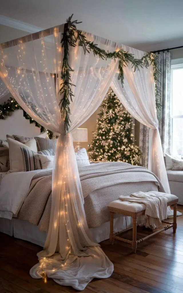 A photo of a dreamy Christmas bedroom with a canopy of sheer fabric draped over the bed, intertwined with string lights and garlands. The canopy creates a magical winter wonderland feel. The bed is styled with luxurious holiday bedding and cozy throws. There's a tree in the background, partially visible. The room has a hardwood floor and a window with curtains.