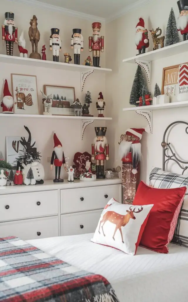 A photo of a cozy Christmas bedroom with a playful decor. There are small nutcrackers, reindeer, and Christmas gnomes arranged on shelves and the dresser. The bed has Christmas-themed pillows and a holiday throw. The room is decorated with holiday figurines, creating a festive atmosphere.