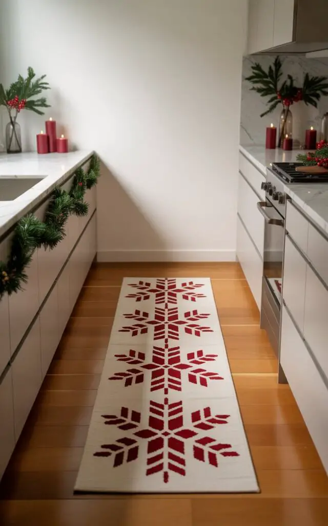A photograph of a minimalist modern kitchen with smooth honey-colored hardwood floors, featuring a beautifully designed runner rug as the central focal point. The rug displays an elegant red-and-white snowflake pattern with geometric precision, strategically placed to guide the eye through the clean, uncluttered space. Subtle Christmas decorations are thoughtfully arranged throughout—delicate evergreen garlands draped along white cabinet edges, crimson pillar candles clustered on marble countertops, and fresh holly sprigs tucked into glass vases. Soft natural light filters through the space, creating gentle shadows that emphasize the harmonious balance between festive warmth and sophisticated minimalist design.