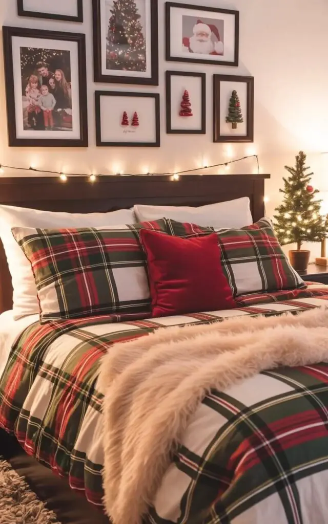 A king-sized bed with a dark brown wooden frame is centered beneath a gallery wall comprised of nine rectangular frames. The largest frame displays a color photograph of a family gathered around a Christmas tree, while two smaller frames contain a ceramic figurine of Santa Claus and a miniature artificial Christmas tree respectively. The bed is layered with a plaid duvet cover featuring alternating stripes of red, green, and white, complemented by a cream-colored faux fur throw draped across the foot of the bed. A small potted Norfolk pine stands on a bedside table next to a string of soft white fairy lights draped along the wall above the bed.