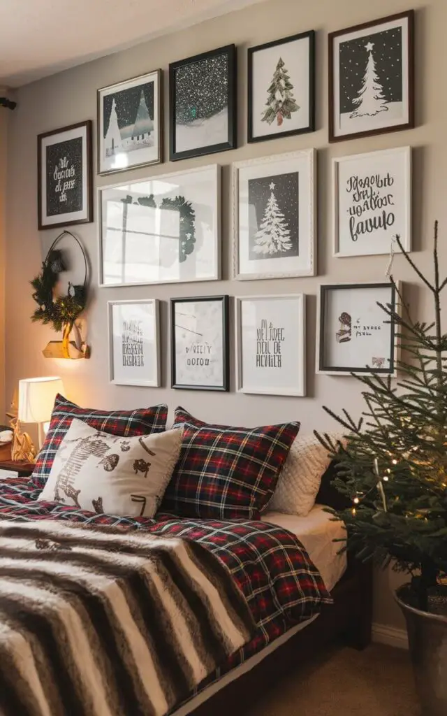 A photo of a Christmas bedroom with a gallery wall above the bed. The gallery wall has a variety of holiday-themed artwork, including framed prints of snowy landscapes, Christmas trees, and festive quotes. The bed is made with plaid bedding and has a faux fur throw at the foot. There is a small tree in a pot next to the bed. The room has a cozy atmosphere with warm lighting.