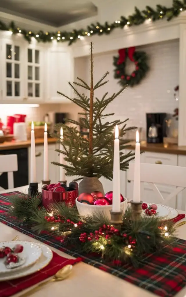 A cozy Christmas kitchen with a breakfast table adorned with a festive holiday centerpiece. The arrangement includes a small Christmas tree, candles, and a bowl filled with red ornaments. A plaid table runner adds warmth, and the surrounding kitchen is decorated with subtle Christmas accents like garlands and lights.