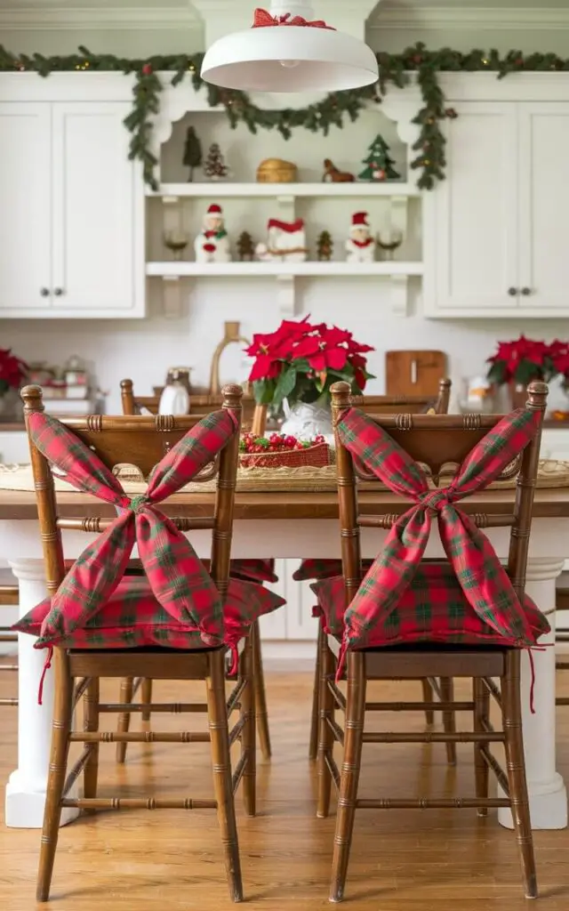 A photo of a cheerful Christmas kitchen with red-and-green plaid chair cushions tied neatly to wooden chairs around a cozy kitchen table. The cushions match the holiday decor throughout the room, including garlands on the cabinets and small Christmas figurines on the shelves, creating a festive and inviting space for holiday gatherings.