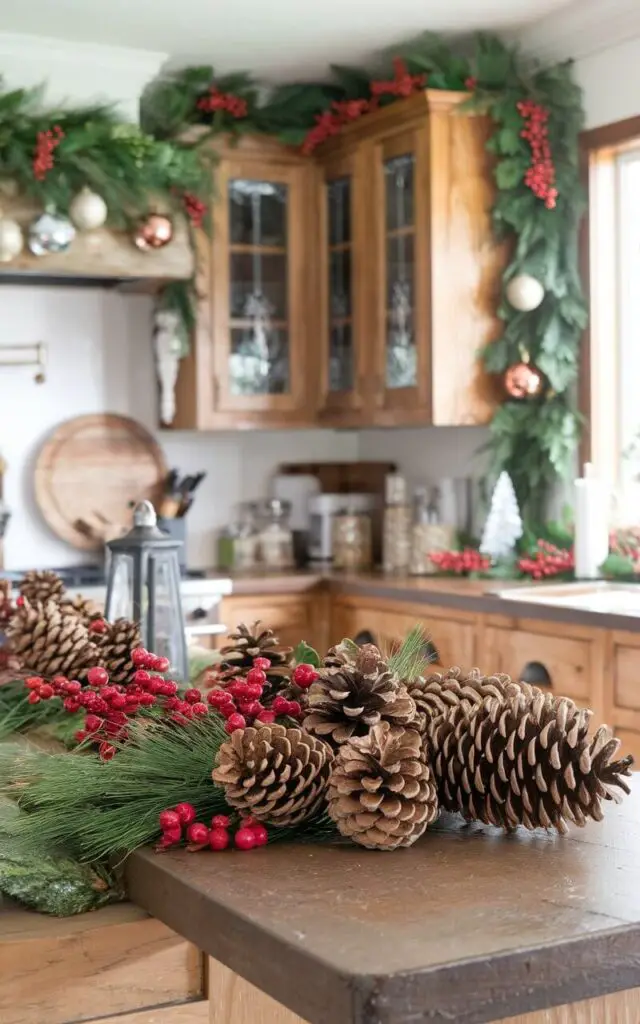 A photo of a rustic Christmas kitchen decorated with natural elements. There are pinecones and red berries arranged on the countertops and kitchen island. The earthy tones contrast beautifully with the greenery and metallic ornaments around the room, creating a natural and inviting holiday atmosphere.