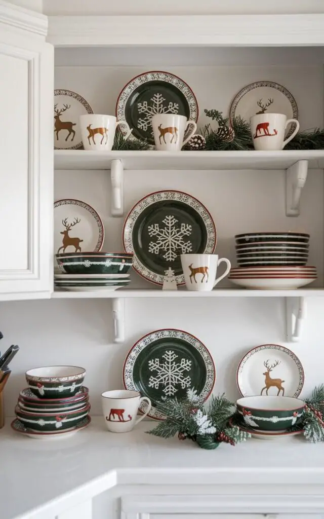 A photo of a Christmas kitchen with festive holiday-themed plates, mugs, and bowls on open shelving. The dinnerware features classic Christmas motifs such as snowflakes and reindeer, arranged neatly next to holiday greenery. The surrounding countertops are clean and uncluttered, emphasizing the festive dinnerware as a focal point.