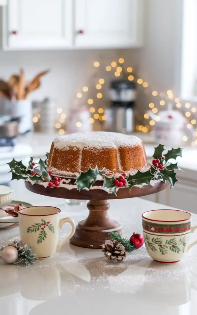 A photo of a Christmas kitchen with a stunning holiday cake stand on the countertop. The stand holds a beautifully decorated Christmas cake, surrounded by holly sprigs and powdered sugar snow. Holiday mugs and small ornaments are placed nearby, adding to the overall festive and sweet atmosphere in the kitchen.