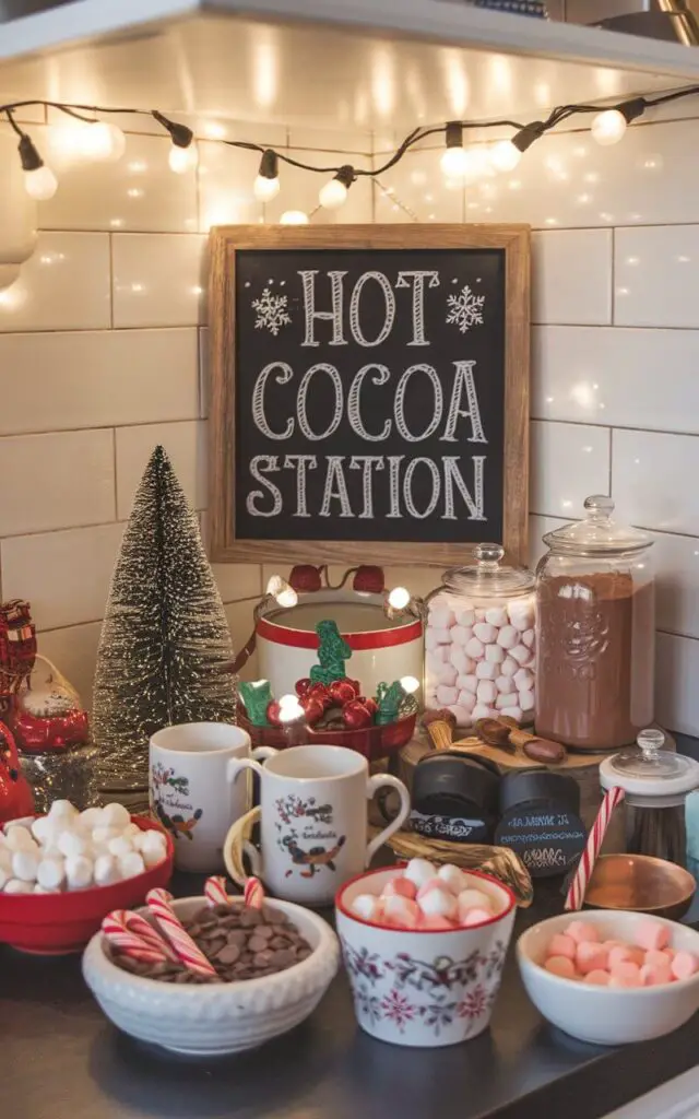 A photo of a cozy Christmas kitchen corner transformed into a hot cocoa bar. There are festive mugs, jars of cocoa powder, and bowls filled with marshmallows, candy canes, and chocolate chips. A chalkboard sign reads "Hot Cocoa Station" in a decorative font. Holiday lights twinkle above, making the area feel warm and inviting.