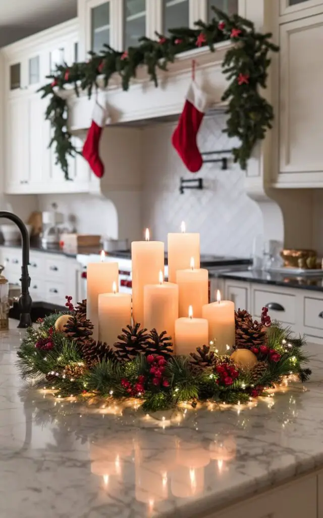 A spacious Christmas kitchen with an island has a stunning holiday centerpiece made of candles, pinecones, and festive greenery. The candles glow warmly, casting soft light across the marble surface. In the background, garlands drape over upper cabinets, and stockings hang nearby, giving the kitchen an inviting holiday atmosphere.