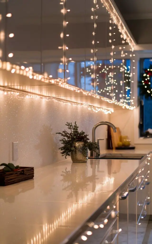 A modern Christmas kitchen with soft, glowing string lights outlining the upper cabinets. The warm white lights add a magical ambiance to the space, reflecting off sleek, white countertops. The backsplash glistens with hints of holiday decor, and a wreath adorns a window, completing the festive look.