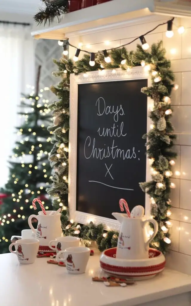 A photo of a festive Christmas kitchen. There's a decorative chalkboard with the text "Days until Christmas: X". The chalkboard is framed with pine garlands and twinkling lights. Next to the board is a hot cocoa station with holiday mugs and candy canes. The room has a pine tree in the background and a string of lights above the chalkboard. The overall atmosphere is warm and inviting.