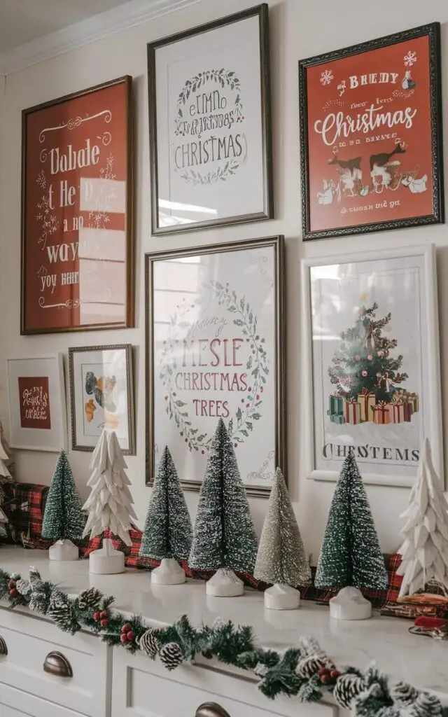 A photo of a Christmas kitchen with holiday-themed wall art. There are framed prints with festive sayings and vintage Christmas illustrations. The art is displayed above a countertop decorated with small Christmas trees and garlands. This gallery wall brings a cozy, artistic touch to the festive kitchen space.