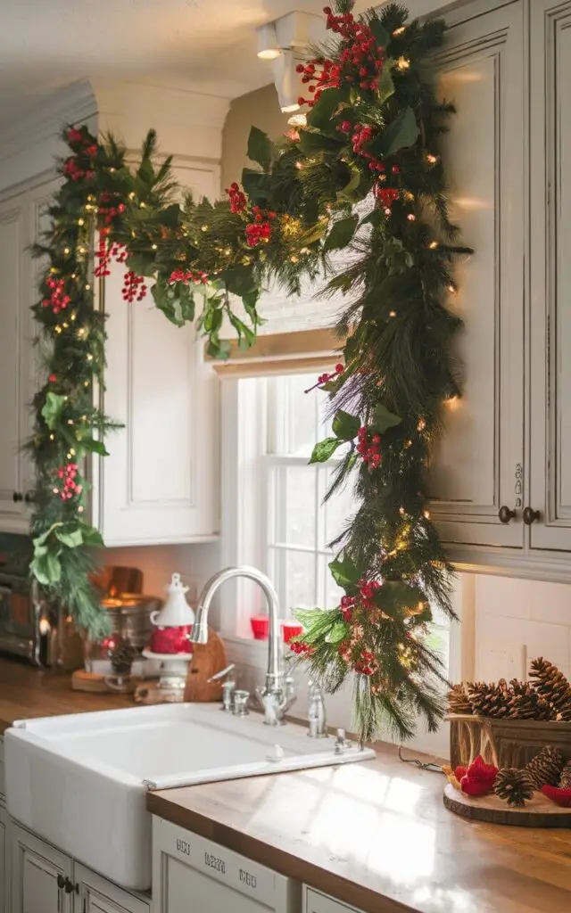 A cozy Christmas kitchen with a lush green garland draped elegantly over white upper cabinets. The garland is adorned with red berries, pinecones, and twinkling fairy lights, adding a festive glow. Soft winter sunlight filters through the window, highlighting the warm wood countertops and rustic holiday touches around the room.