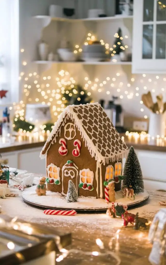 A photo of a whimsical Christmas kitchen with a beautifully crafted gingerbread house displayed on the countertop. The house is surrounded by powdered sugar "snow," candy canes, and holiday figurines. Twinkling lights in the background add a magical glow, making the gingerbread house the centerpiece of this festive kitchen.