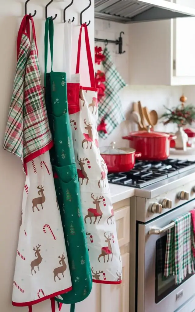 A photo of a Christmas kitchen with colorful holiday-themed aprons hanging on hooks near the oven. The aprons feature fun holiday designs like reindeer, candy canes, and Christmas trees, adding a playful touch to the space. Nearby, festive dish towels and holiday cookware complete the holiday-ready kitchen.