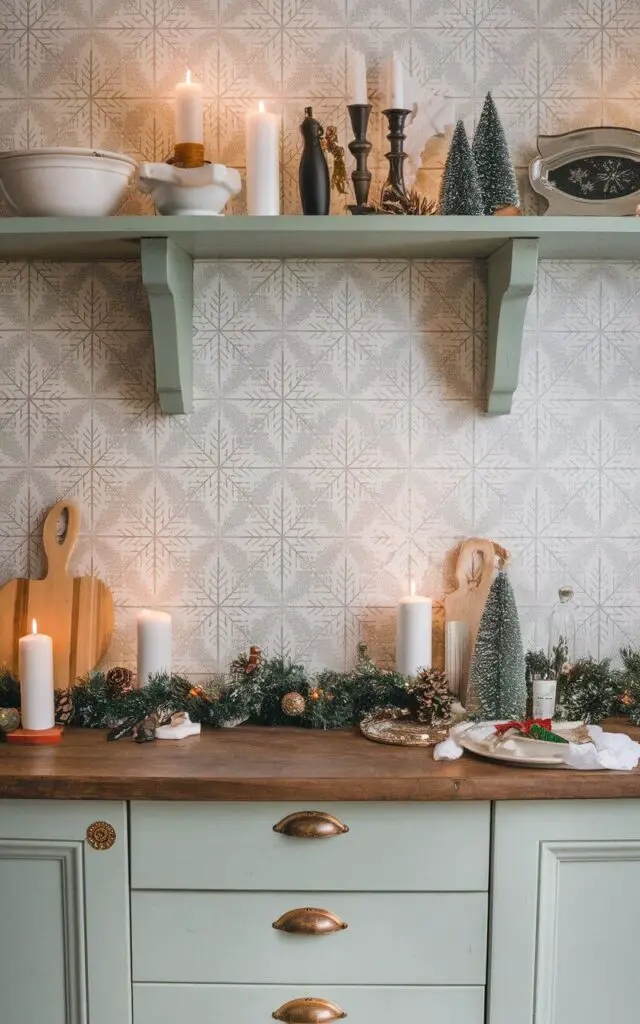 A photo of a stylish Christmas kitchen with a peel-and-stick backsplash made of snowflake patterns and festive sayings. The stickers add a playful touch above the counters, which are decorated with small Christmas accents like garlands and candles. The vibrant holiday stickers stand out against the neutral tones of the kitchen.