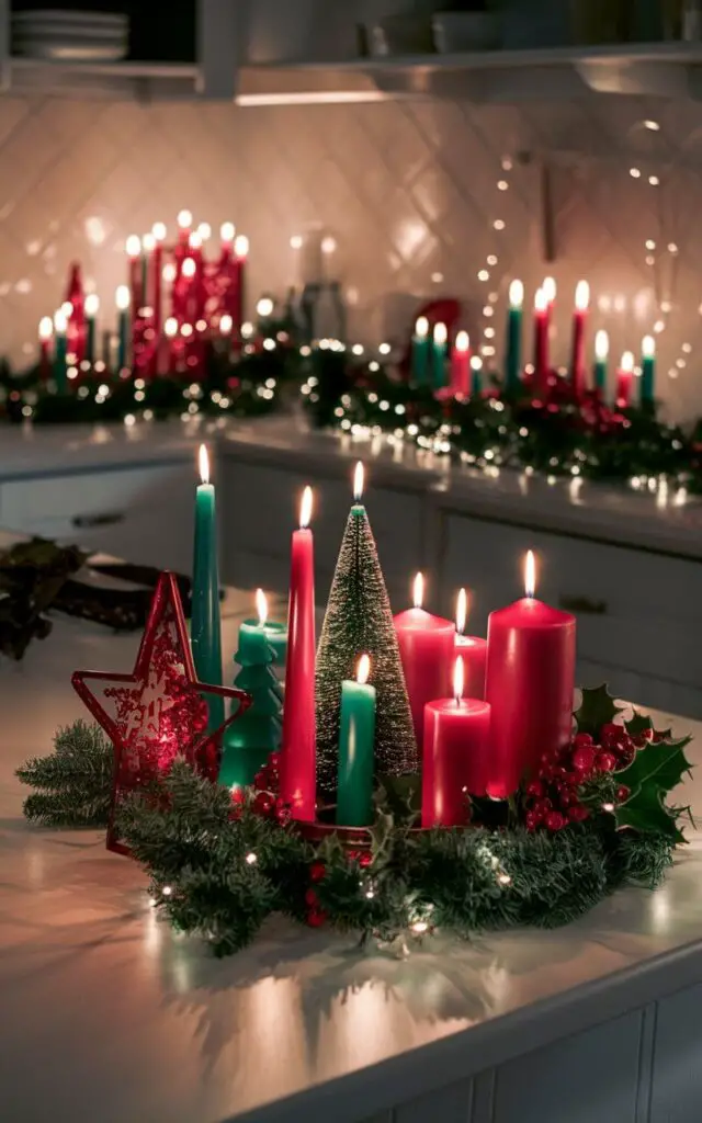 A photo of a Christmas kitchen illuminated by soft candlelight. There are red and green holiday candles arranged on the countertops. The candles sit in festive holders shaped like stars and trees, filling the kitchen with a warm glow. Sprigs of pine and holly surround the candles, enhancing the seasonal atmosphere of the space.