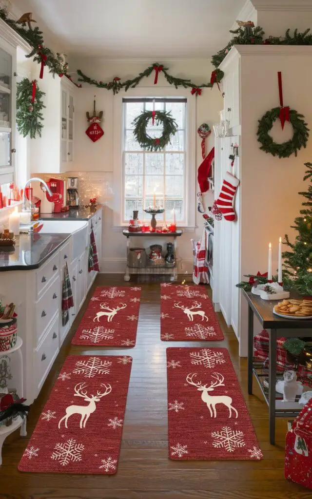 A photo of a festive Christmas kitchen with red-and-white themed rugs. The rugs have snowflake and reindeer patterns and are placed on the hardwood floors. The kitchen has a red-and-white themed rug. There are small Christmas decorations around the kitchen, like garlands and holiday candles, which add warmth and festive flair to the space.