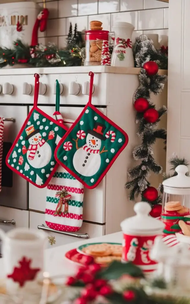 A Christmas kitchen with a festive theme. There are holiday-themed pot holders and oven mitts hanging by the oven. The accessories feature designs of snowmen and candy canes. Nearby, there are garlands, Christmas cookie jars, and other festive elements. The space has a warm and holiday-ready ambiance.