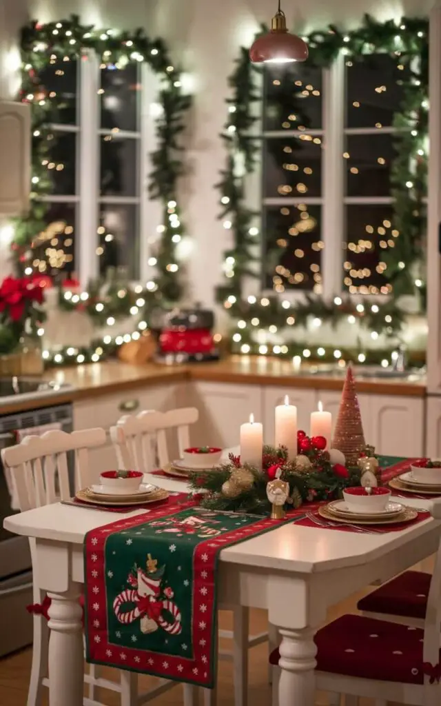 A Christmas kitchen featuring a dining table dressed with a holiday table runner decorated in red, green, and gold. The table is set with Christmas-themed dinnerware and a small centerpiece of candles and ornaments. Garlands and lights frame the surrounding windows, filling the room with holiday charm