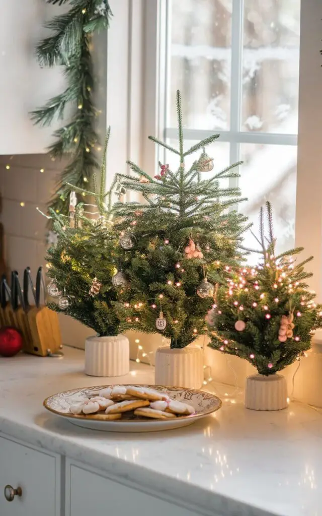 A photo of a cozy Christmas kitchen with a kitchen countertop decorated with mini Christmas trees placed near a window. The trees are styled with tiny ornaments and fairy lights, adding a soft festive glow. Pine garland accents the window frame, and holiday cookies are laid out on a decorative plate.