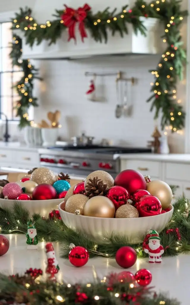 A festive Christmas kitchen with a rustic-chic aesthetic. The countertops and kitchen island are covered with bowls filled with colorful ornaments. The ornaments include classic red, gold, and silver balls. Some ornaments have small pinecones. A few ornaments have miniature Santas, snowmen, and candy canes. A few ornaments have miniature houses. Pine garlands and twinkling lights frame the kitchen, enhancing the festive atmosphere.