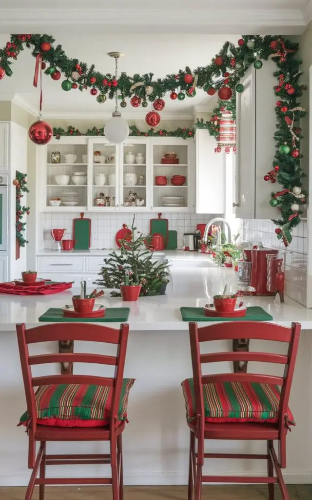 A photo of a cheerful Christmas kitchen with red and green accents spread throughout. The room features red dishcloths, green cutting boards, and festive red-and-green striped cushions on the chairs. Ornaments and garlands are placed around the space, creating a cohesive Christmas color scheme throughout the kitchen.