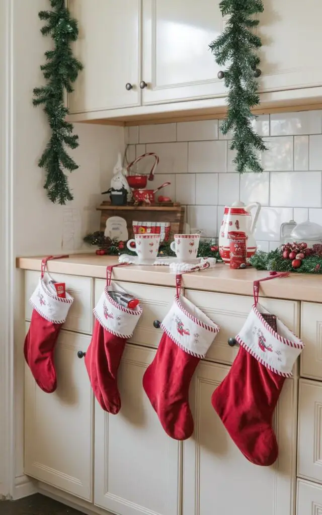 A photo of a charming Christmas kitchen with small, red stockings hung from the lower cabinet doors. The stockings have festive white trim and are filled with holiday treats. Green garland drapes over the cabinets above, and a hot cocoa station with Christmas mugs is set up in the corner, adding to the festive cheer.