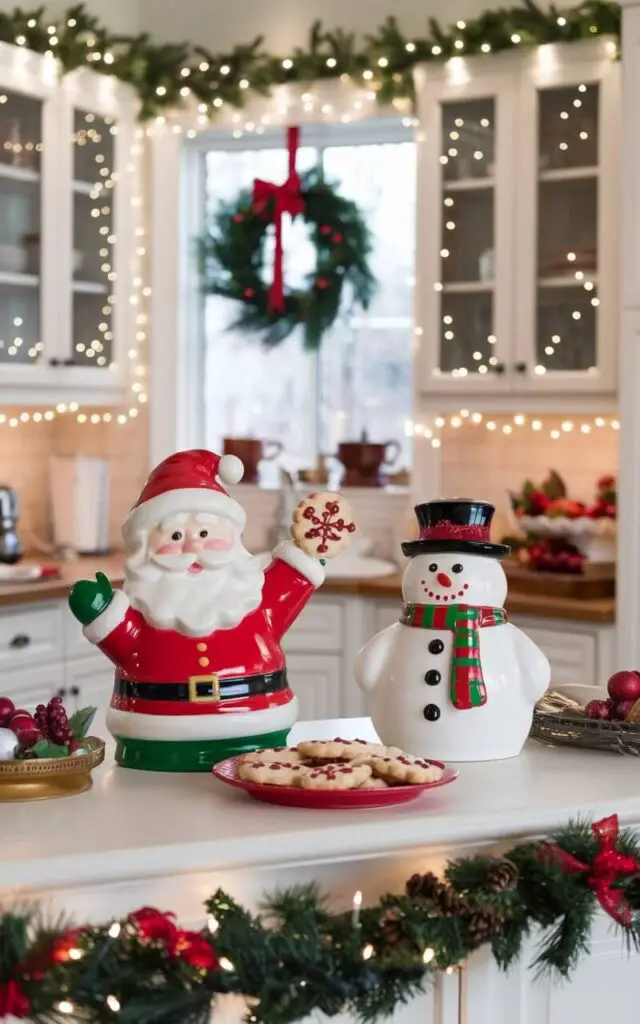 A festive Christmas kitchen with a Santa-shaped and snowman cookie jar on the counter. The Santa-shaped jar is holding a freshly baked holiday cookie. The snowman cookie jar is empty. The counter is also decorated with a plate of holiday cookies. The cabinets are adorned with Christmas garlands and twinkling lights. A wreath hangs in the window. The overall space is warm and inviting.