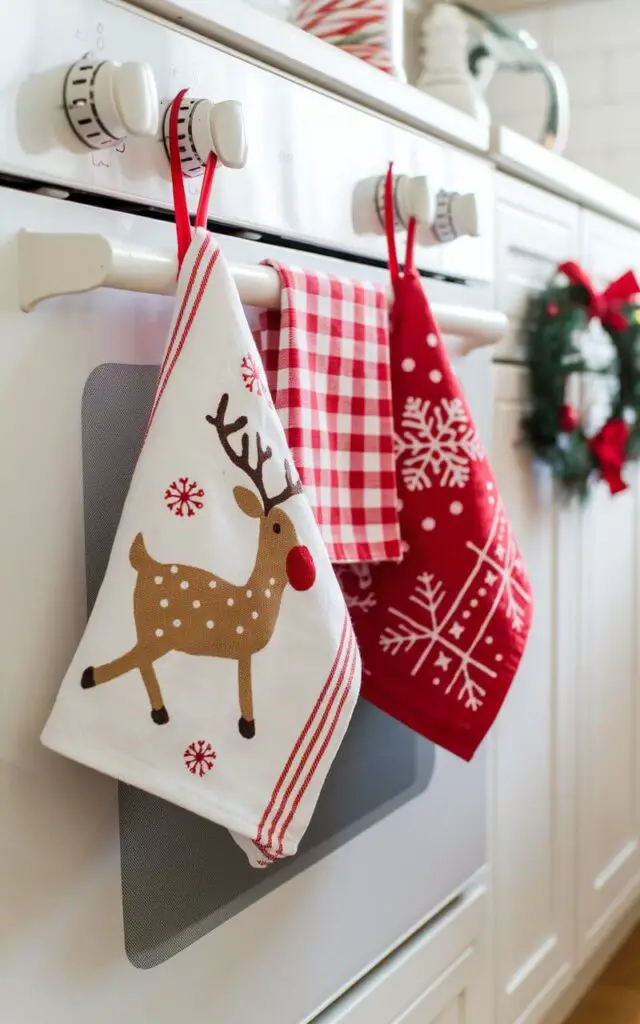 A bright Christmas kitchen with red-and-white holiday dish towels hanging from the oven handle. The towels feature playful designs like reindeer and snowflakes. The surrounding area has small holiday accents, including a jar of candy canes and a wreath hanging on a nearby cabinet, creating a warm and festive feel.