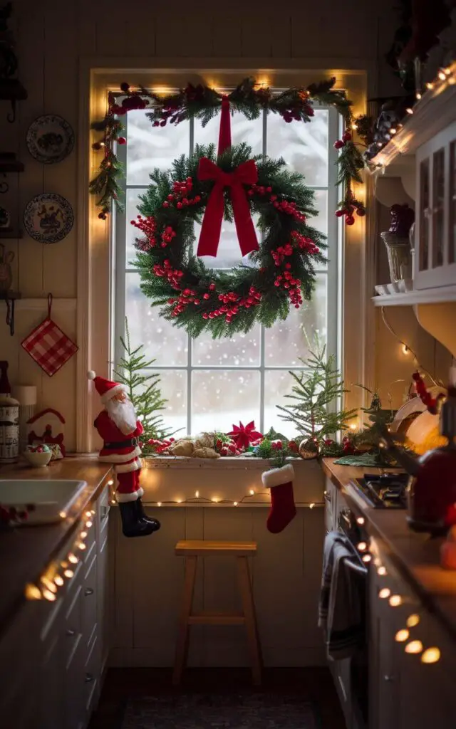 A cozy Christmas kitchen adorned with festive decorations. A lush wreath with red berries and a large bow hangs from a ribbon in the kitchen window. The window overlooks a snowy landscape, with snow gently falling outside. The kitchen is warmly lit, with Christmas decor such as a Santa Claus figurine, a candy cane, and a string of lights adorning the counters and shelves. There are also a few decorative plates hanging on the wall. The floor is covered with a rug. A wooden stool is placed near the window. The overall ambiance of the scene is warm, festive, and inviting.