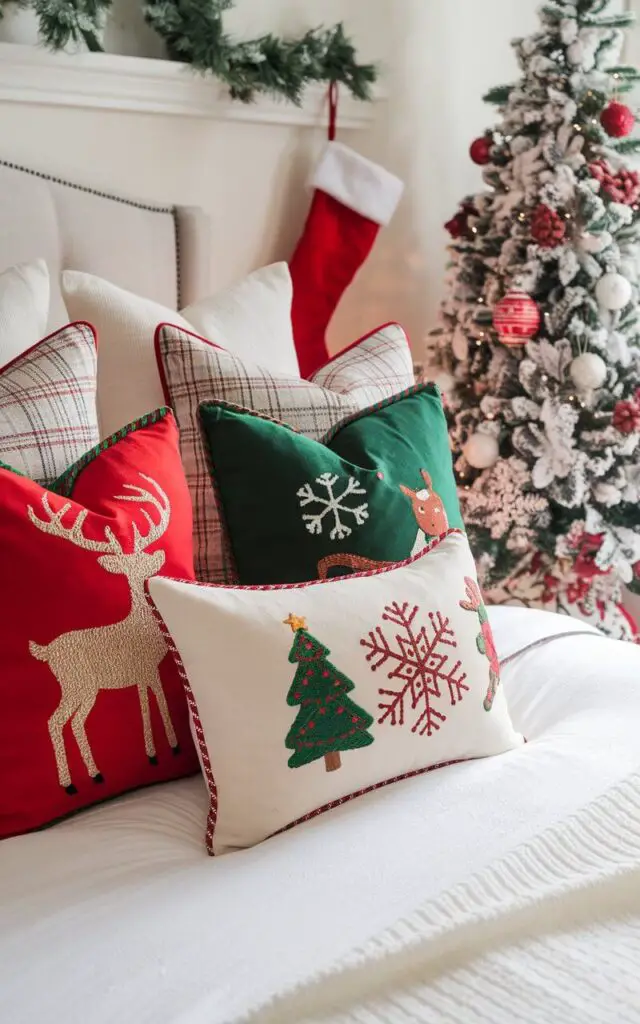 A photo of a Christmas bedroom with a bed adorned with festive holiday-themed accent pillows. The pillows display classic Christmas motifs like reindeer and snowflakes, all in traditional red and green hues. Soft white bedding adds balance to the bright, cheerful pillows. A Christmas tree and stockings are placed near the bed.