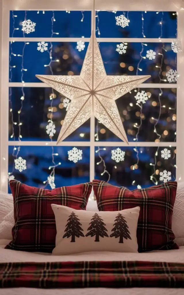 A photo of a Christmas bedroom with a glowing star hanging in the window. The star shines softly over the bed, which is adorned with holiday-themed pillows and a warm plaid blanket. Snowflakes and fairy lights decorate the window for a magical holiday vibe.