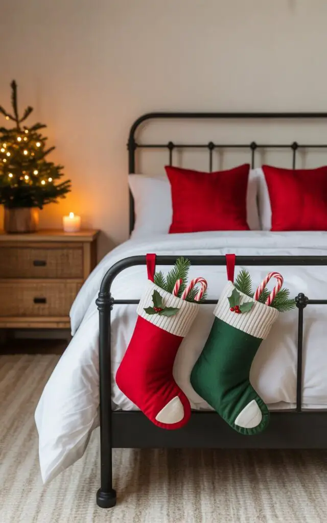 A photograph of a festively decorated Christmas bedroom centered around a cozy black metal bed frame dressed in crisp white bedding and vibrant red pillow covers. Two miniature stockings hang delicately from the bed's third rail—one in classic red and white stripes filled with candy canes, and another in forest green and white adorned with fresh holly sprigs. A softly glowing candle illuminates the wooden nightstand alongside a petite evergreen tree, while warm beige walls and a light-colored area rug create a serene, minimalist backdrop. The scene radiates gentle holiday warmth with perfectly balanced festive touches that create an inviting, cozy seasonal retreat.