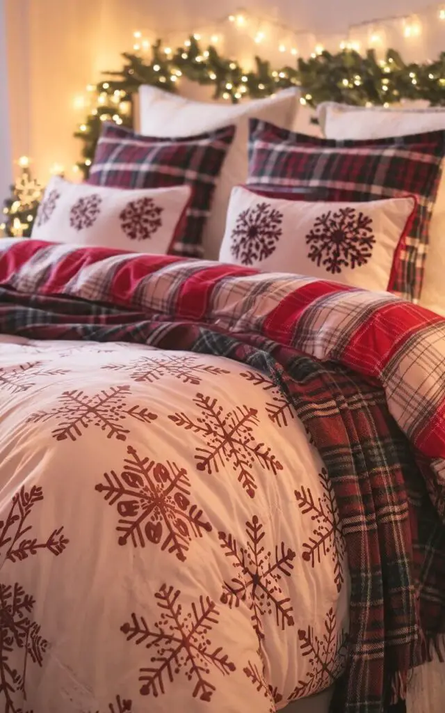 A cozy Christmas bedroom with a bed dressed in a festive bedding set. The duvet is covered in a red and white snowflake pattern, complemented by plaid pillows and a flannel blanket. Soft, warm lighting enhances the holiday vibe. There is a matching throw blanket draped over the foot of the bed.