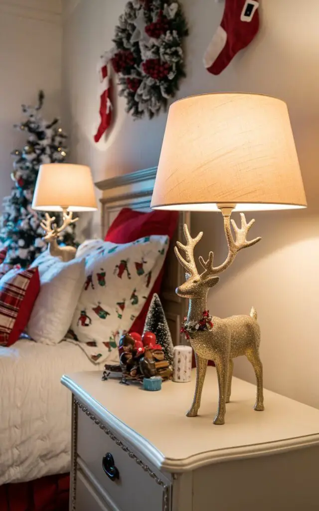 A photo of a Christmas-themed bedroom with holiday-themed nightstand lamps. The lamps have festive reindeer-shaped bases and cast a warm glow over the room. The bedding and walls are adorned with Christmas decorations. There's a small Christmas tree in the corner, adding to the festive atmosphere.