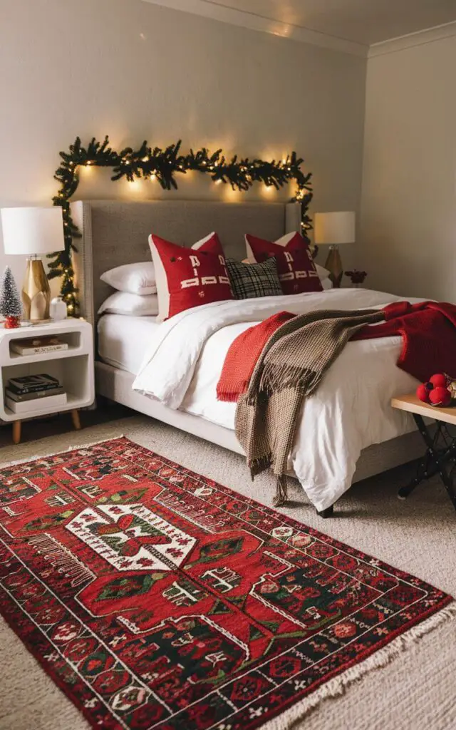 A cozy Christmas bedroom with a holiday-inspired rug in front of the bed. The rug has a festive pattern in rich reds and greens, adding warmth and color to the neutral-toned room. Christmas décor, like garlands and lights, enhances the festive atmosphere.