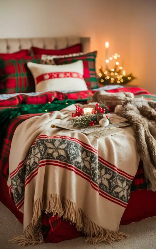 A warm and inviting Christmas bedroom with a variety of cozy holiday throws draped across the bed. The throw blankets feature rich textures like chunky knits and faux fur, layered over festive red and green bedding. Soft lighting and a glowing candle enhance the cozy atmosphere.