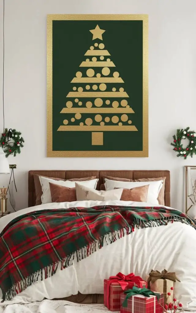 A Christmas bedroom with a bold holiday wall art hanging above the bed. The artwork features a modern Christmas tree design with gold accents. The room is styled with neutral bedding and a festive plaid throw blanket.