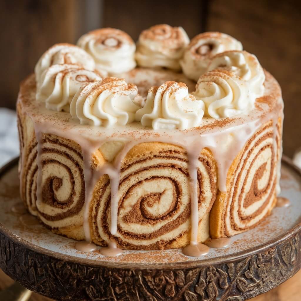 A photo of a cinnamon roll cake with swirled layers of cinnamon and sugar, topped with a rich cream cheese frosting. The cake is drizzled with a generous amount of glaze and dusted with cinnamon, giving it a warm and inviting appearance. It's presented on a cozy, farmhouse-style cake stand.