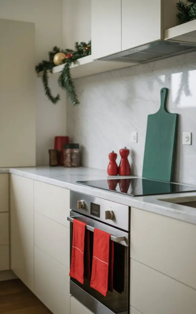 A photograph of a minimalist modern kitchen with clean white cabinetry and marble countertops, elegantly accented with carefully placed Christmas touches. Vibrant red dishcloths hang from the brushed stainless steel oven handle, matching red ceramic salt shakers sit on the pristine white counter, while deep forest green cutting boards lean against the polished marble backsplash. Sparse but thoughtful holiday decorations include a few golden ornaments and delicate evergreen garlands draped on open floating shelves, creating visual interest without overwhelming the space. Soft natural light filters through the room, highlighting the contrast between the neutral white surfaces and the festive red and green accents, achieving a perfect balance of sophistication and seasonal warmth.