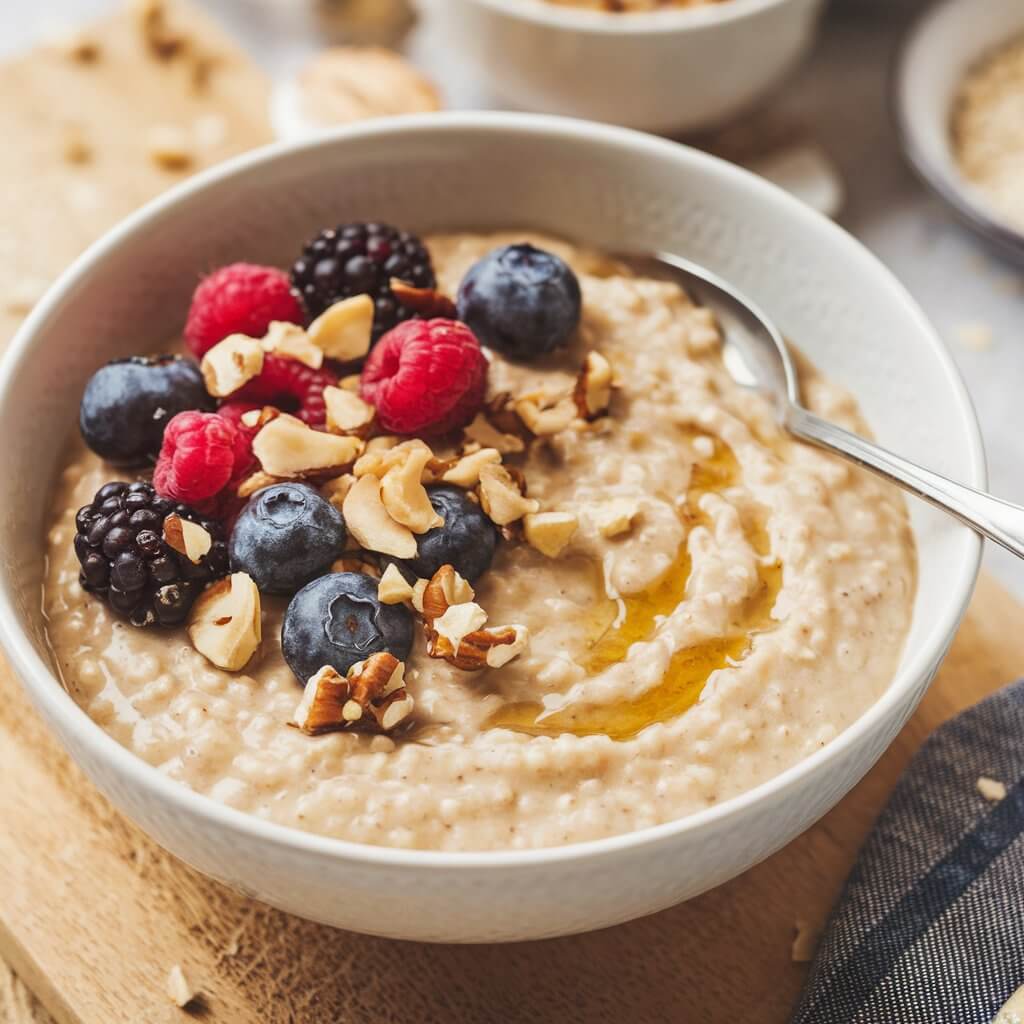 A photo of a warm bowl of oatmeal porridge. The porridge is creamy and smooth, with a golden hue from the oats. Fresh berries, chopped nuts, and a drizzle of honey have been added on top. The berries add a pop of color, and the nuts provide a crunchy contrast. The dish is served with a spoon and is placed on a wooden board. The background is blurred and contains a few kitchen items.