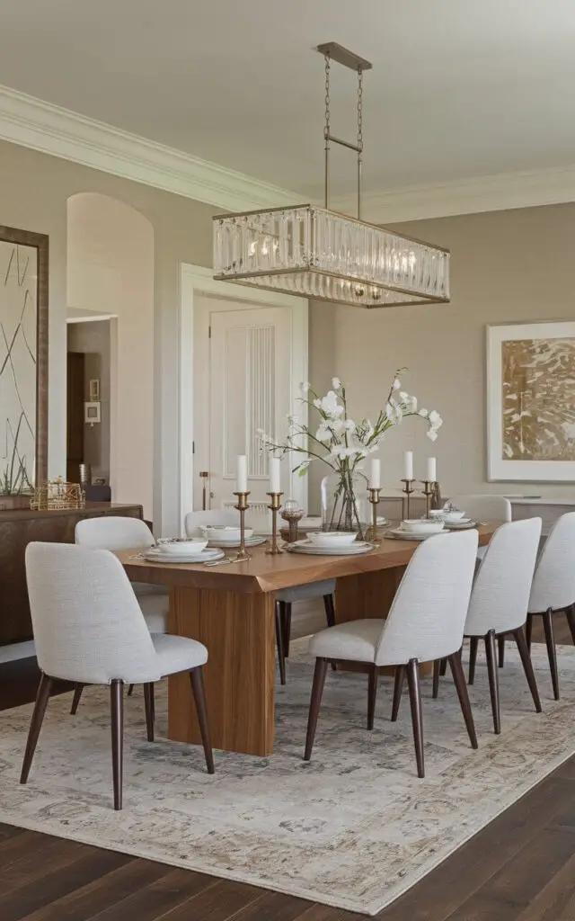 A classic transitional dining room with a wooden dining table and modern light gray upholstered chairs. The walls are neutral-colored. There's a large statement chandelier overhead. A subtle patterned rug is placed underneath the table. The space combines traditional and contemporary elements, making it both timeless and fresh.