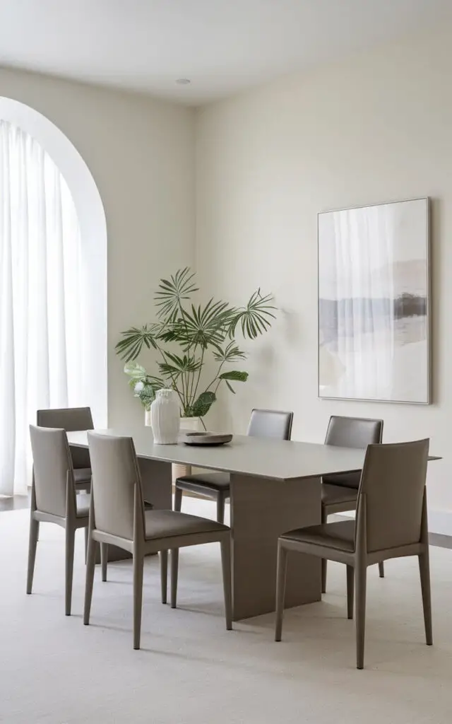 A photo of a transitional dining room with a sleek, rectangular dining table and straight-backed chairs. The walls are painted a crisp white, and the furniture features simple, clean lines that give the space a minimalist, uncluttered feel. There is a potted plant in one corner.