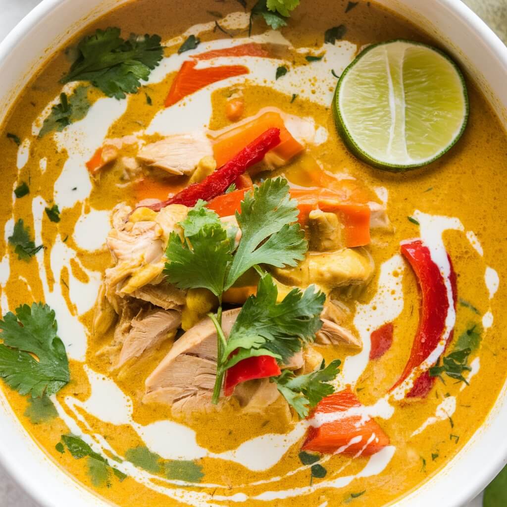 A photo of a creamy and spicy coconut curry chicken soup with a golden broth, pieces of chicken, and vibrant vegetables like red bell peppers and carrots. The soup is topped with a drizzle of coconut milk, adding a swirl of white to the bright yellow curry base. Fresh cilantro and a lime wedge complete the tropical presentation.