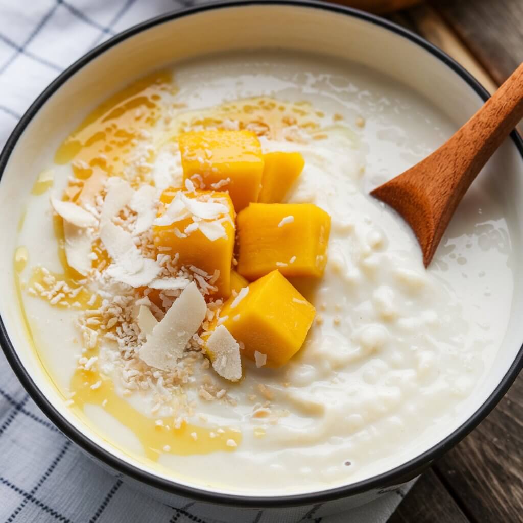 A warm bowl of creamy coconut porridge with a smooth, silky texture. The porridge is topped with chunks of fresh mango, shredded coconut, and a drizzle of honey. The tropical flavors shine through, with the bright yellow mango and white coconut flakes adding a vibrant, fresh look. The porridge is served in a white bowl with a wooden spoon. The background is a rustic wooden table with a checkered cloth.