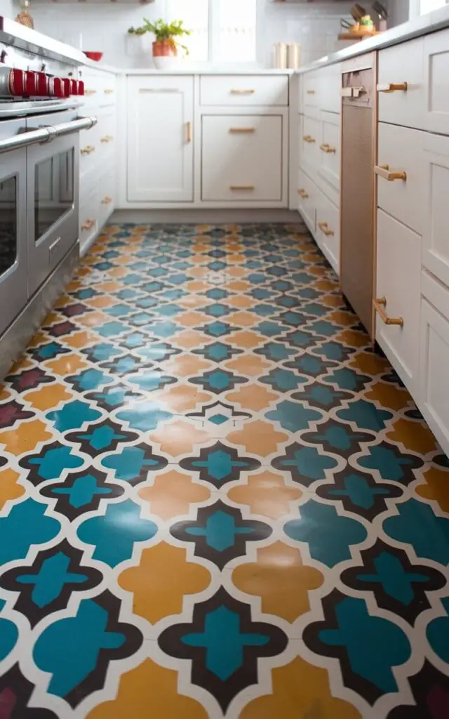 A photo of a vibrant kitchen floor featuring bold patterned tiles in a mix of bright colors like teal, mustard, and white. The intricate Moroccan design adds a playful yet elegant touch, with geometric shapes complementing the modern white cabinetry and light wood accents. The tiles' glossy finish reflects light, making the kitchen feel lively and energetic.