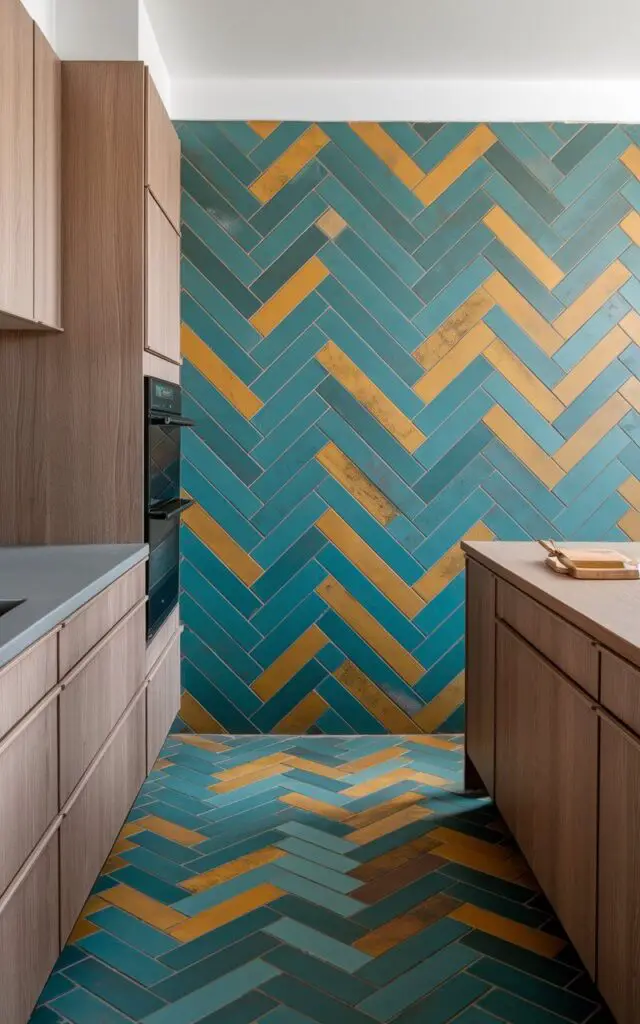 A modern kitchen with terra-cotta tiles in a herringbone pattern. The tiles have bright hues of teal and mustard. The textured surface of the tiles adds warmth and character. The unexpected colors bring a fresh, contemporary twist to the rustic material. The kitchen is paired with simple wood cabinetry, which gives it a cozy and modern feel.