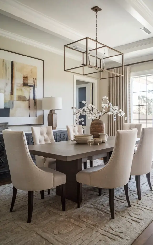 A transitional dining room with plush, cushioned dining chairs in neutral tones surrounding a rectangular wooden table. The seating provides both comfort and style, perfectly complementing the room's blend of modern and traditional elements.