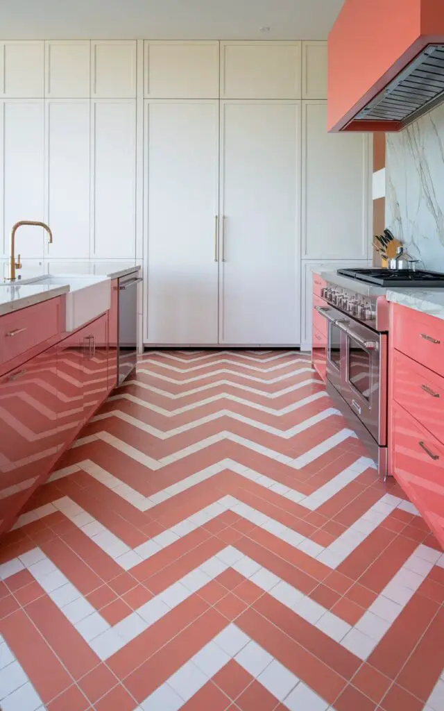 A photo of a kitchen with a bold chevron-patterned floor made of coral and white tiles arranged in a zigzag design. The floor adds energy and movement to the space, contrasting beautifully with the sleek, white cabinetry and marble countertops. The vibrant flooring choice adds depth and visual interest to the modern kitchen.