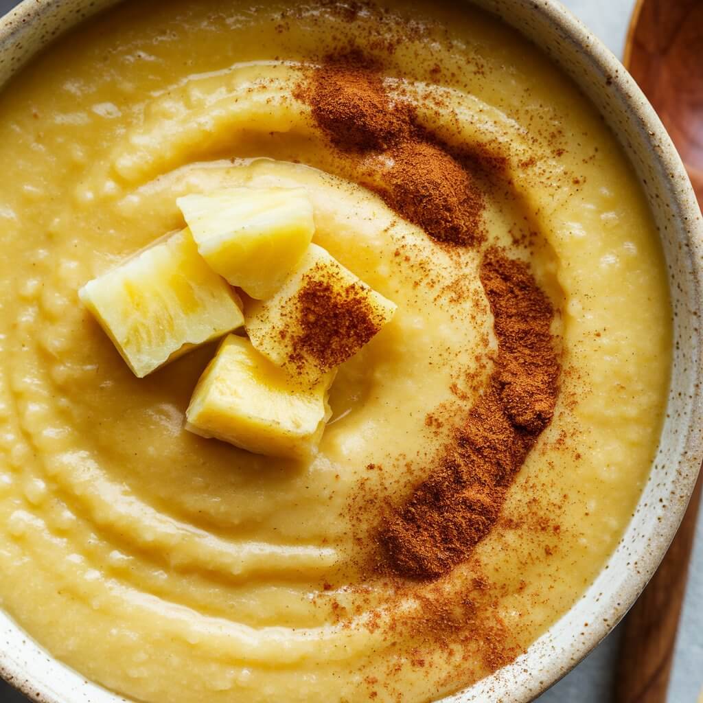 A photo of a bowl of smooth, creamy cornmeal porridge. The porridge has a rich golden-yellow color and is garnished with a few fresh pineapple chunks on top. A light dusting of cinnamon is sprinkled over the surface, adding a touch of warmth and spice to the dish. The texture of the porridge appears velvety and comforting, making it an inviting breakfast or snack option. A wooden spoon is visible nearby, enhancing the homely, cozy feel of the scene.